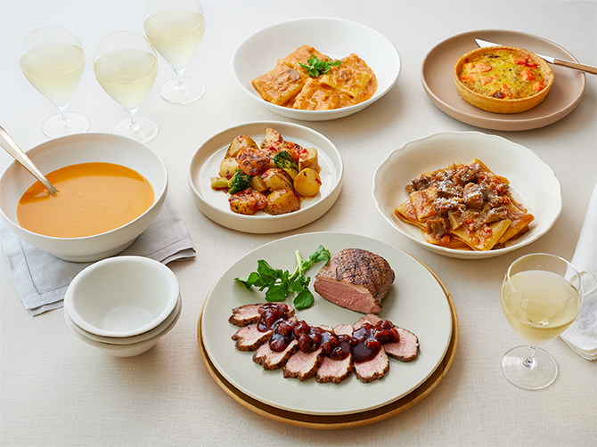 合鴨のローストとデリ・パスタ・スープのディナーセット