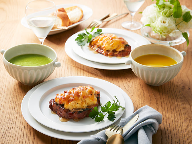 桜島どりむね肉とポテトのチーズ焼き&スープのセット<2人前>