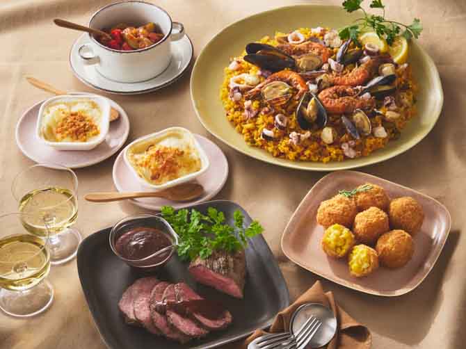 食卓華やぐ プライムビーフのグリル＆魚介のパエリア・3種デリセット