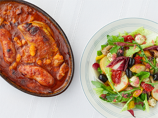 合鴨のコンフィとソーセージのカスレ＆モッツァレラチーズとオリーブのサラダ ＜2～3人前＞