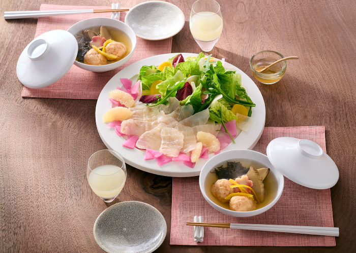 ゆず酒と愉しむ昆布〆ひらめの和さらだ海老しんじょう椀付き