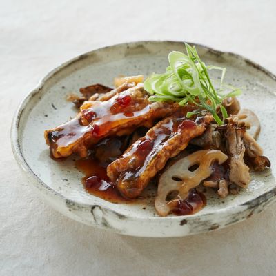 さんまと舞茸の甘辛梅だれ